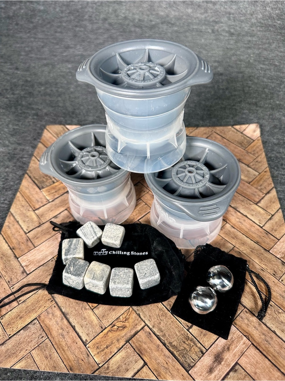 Whiskey & Cocktail Chilling Set – 3 Large Sphere Ice Molds, Chilling Stones